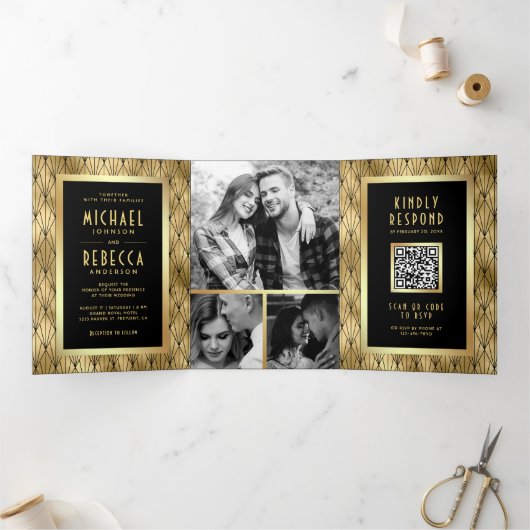 Geometrische kunst Deco Black Gold QR Code Weddens Drieluik Uitnodiging (Binnen)
