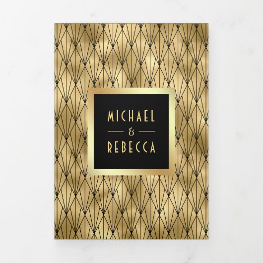 Geometrische kunst Deco Black Gold QR Code Weddens Drieluik Uitnodiging (Cover)