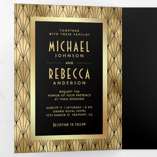 Geometrische kunst Deco Black Gold QR Code Weddens Drieluik Uitnodiging (Binnenzijde eerst)