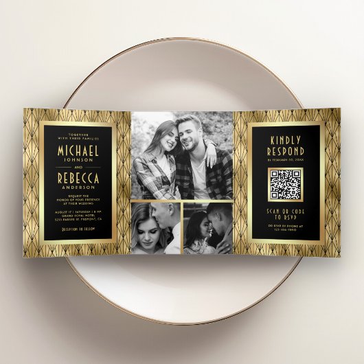 Geometrische kunst Deco Black Gold QR Code Weddens Drieluik Uitnodiging