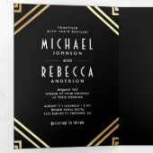Geometrische kunst Deco Black Gold QR Code Weddens Drieluik Uitnodiging (Binnenzijde eerst)