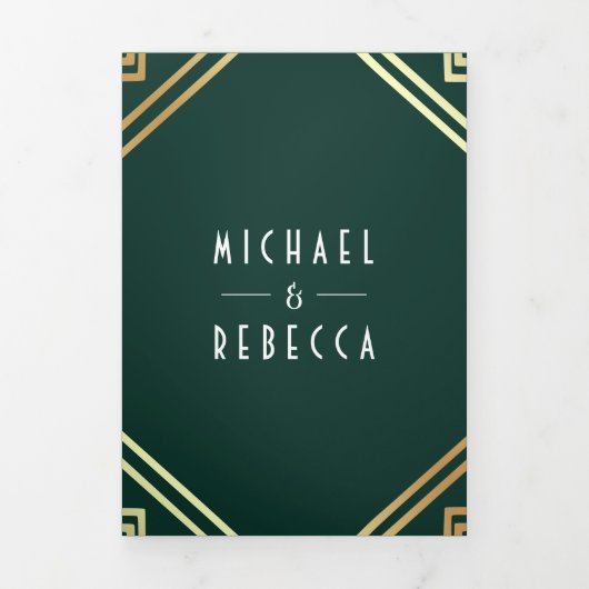 Geometrische kunst Deco Emerald Gold QR Code Wedde Drieluik Uitnodiging (Cover)