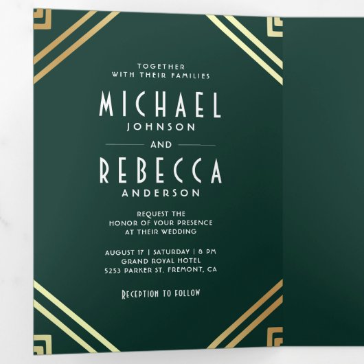 Geometrische kunst Deco Emerald Gold QR Code Wedde Drieluik Uitnodiging (Binnenzijde eerst)