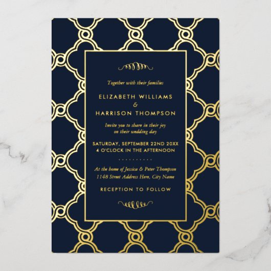 Geometrische Kunst Deco Gatsby Wedding Real Folie Uitnodiging (Voorkant)