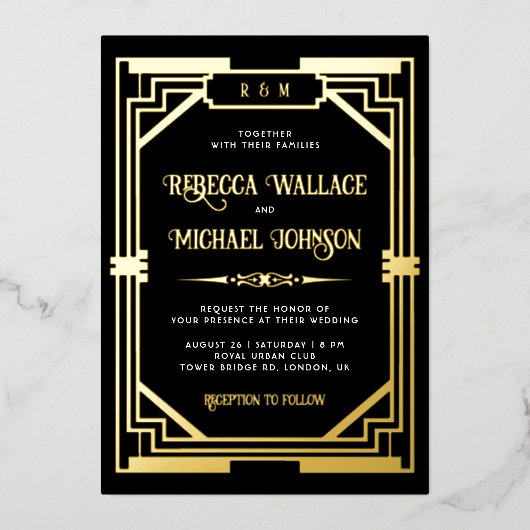 Geometrische Kunst Deco Wedding Black Gold Folie Uitnodiging (Voorkant)