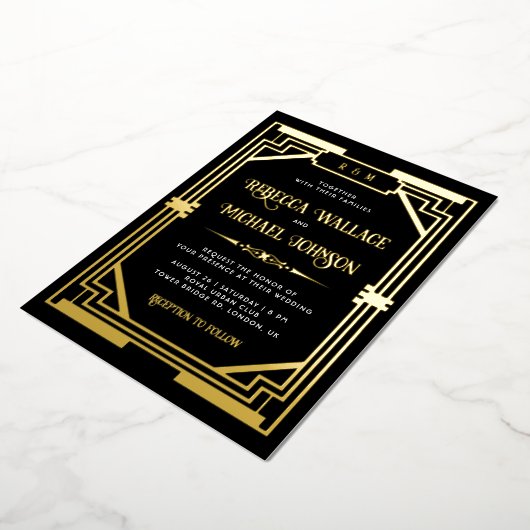  Geometrische Kunst Deco Wedding Black Gold Folie Uitnodiging (Gedraaid)