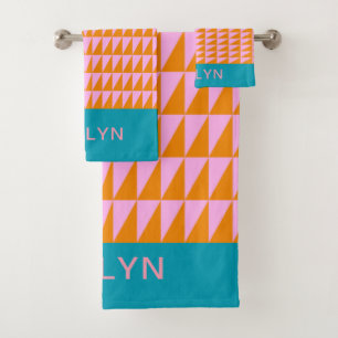 Geometrische kunst Turquoise Oranje roze Bad Handdoek