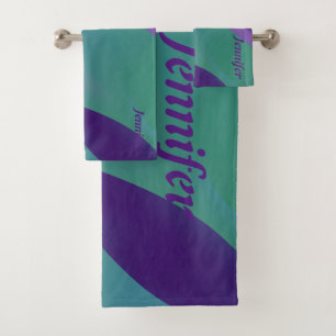 Geometrische lavendel turquoise violet met naam bad handdoek