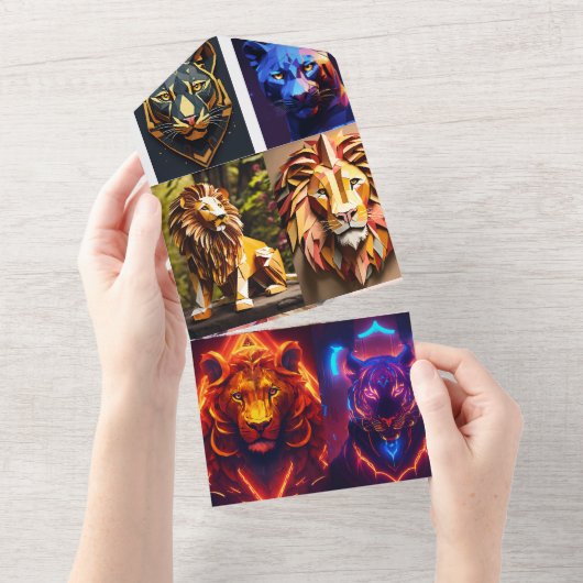 Geometrische Leeuwenkop Prism Design - Mesmerizing All In One Uitnodiging (Afscheurbaar)