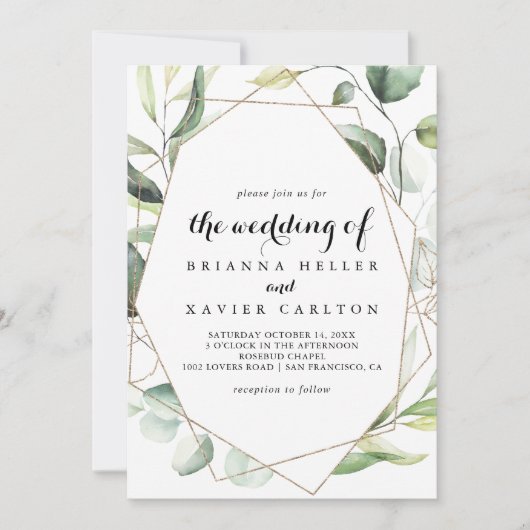 Geometrische legant Gold Greenery de bruiloft van Kaart (Voorkant)