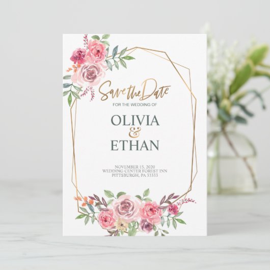 Geometrische lijst bloemige trouw uitnodiging temp (Staand voorkant)