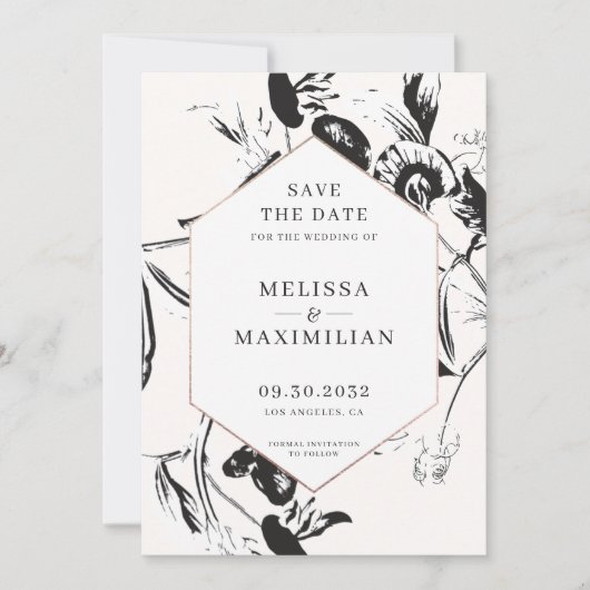 Geometrische lijst bruiloft met zwarte en witte bl save the date (Voorkant)