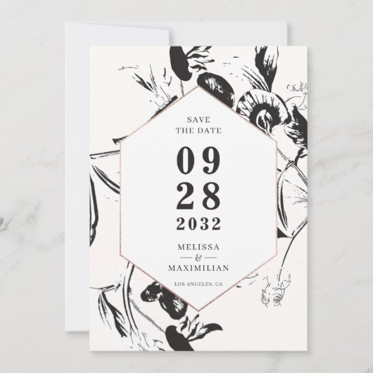 Geometrische lijst bruiloft met zwarte en witte bl save the date (Voorkant)