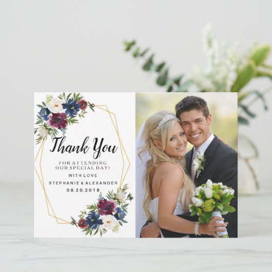 Geometrische Lijst Burgundy Navy Flowers Weddensch Bedankkaart (Staand voorkant)