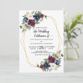 Geometrische Lijst Burgundy Navy Flowers Weddensch Kaart (Staand voorkant)