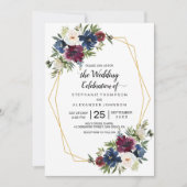Geometrische Lijst Burgundy Navy Flowers Weddensch Kaart (Voorkant)
