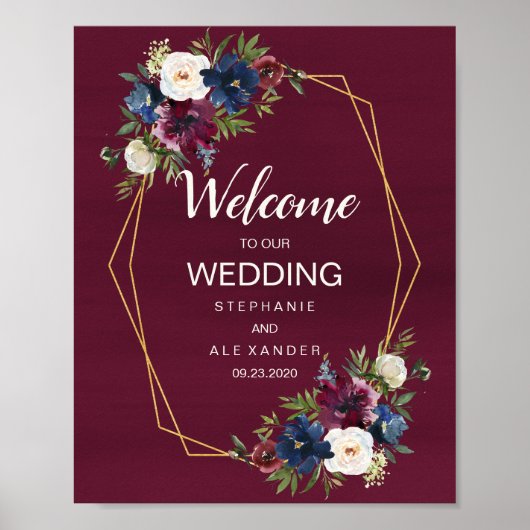 Geometrische Lijst Burgundy Navy Flowers Weddensch Poster (Voorkant)