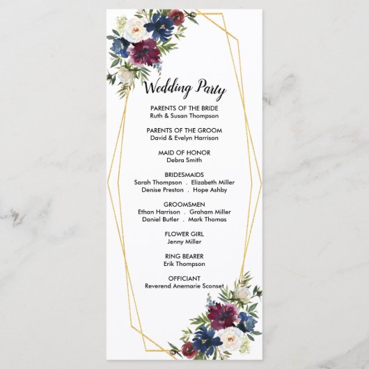 Geometrische Lijst Burgundy Navy Flowers Weddensch Programmakaart (Achterkant)