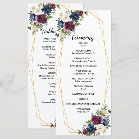 Geometrische Lijst Burgundy Navy Flowers Weddensch Programmakaart (Voorkant / Achterkant)