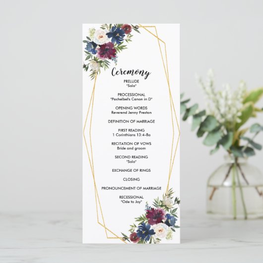 Geometrische Lijst Burgundy Navy Flowers Weddensch Programmakaart (Staand voorkant)