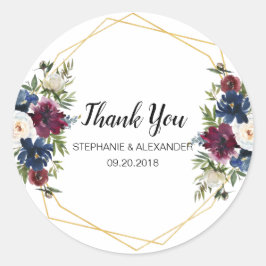 Geometrische Lijst Burgundy Navy Flowers Weddensch Ronde Sticker