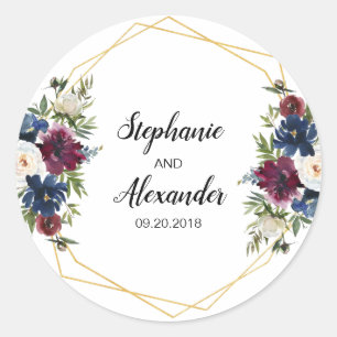 Geometrische Lijst Burgundy Navy Flowers Weddensch Ronde Sticker