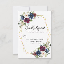 Geometrische Lijst Burgundy Navy Flowers Weddensch RSVP Kaartje