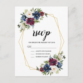 Geometrische Lijst Burgundy Navy Flowers Weddensch Uitnodiging Briefkaart