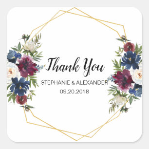 Geometrische Lijst Burgundy Navy Flowers Weddensch Vierkante Sticker