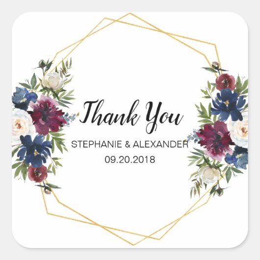 Geometrische Lijst Burgundy Navy Flowers Weddensch Vierkante Sticker (Voorkant)