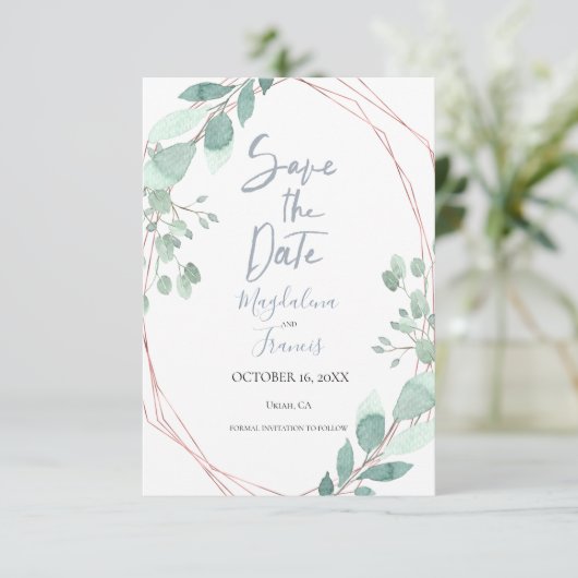 geometrische lijst delicate groene save the date kaart (Staand voorkant)