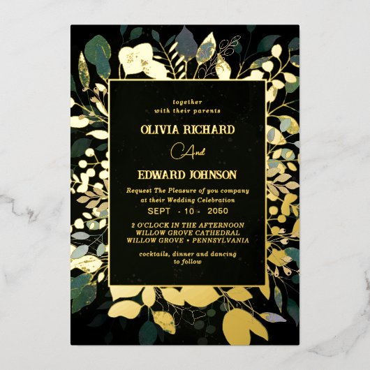 Geometrische lijst groene en gouden bladeren goud folie uitnodiging (Voorkant)