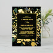 Geometrische lijst groene en gouden bladeren goud folie uitnodiging (Staand Voorkant)