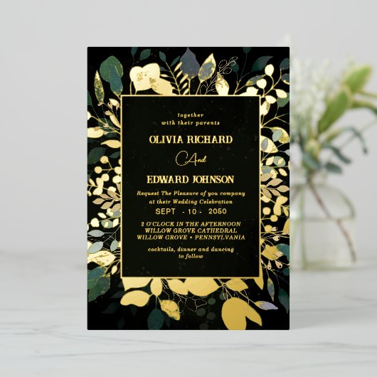 Geometrische lijst groene en gouden bladeren goud folie uitnodiging (Staand Voorkant)