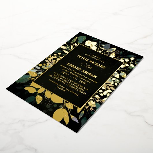 Geometrische lijst groene en gouden bladeren goud folie uitnodiging (Gedraaid)