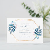 Geometrische lijst stoffig blauwe groene elementen save the date (Staand voorkant)