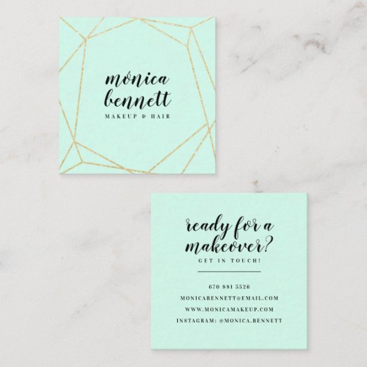 Geometrische lineart chic goud glitter mint groen vierkante visitekaartje (Voorkant / Achterkant)