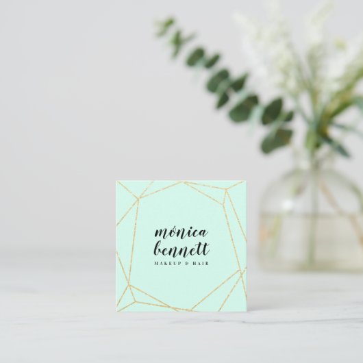 Geometrische lineart chic goud glitter mint groen vierkante visitekaartje (Staand voorkant)
