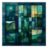 Geometrische maanverlichte landschapskunst - Blauw Perfect Poster (Voorkant)