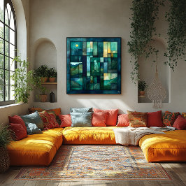 Geometrische maanverlichte landschapskunst - Blauw Perfect Poster