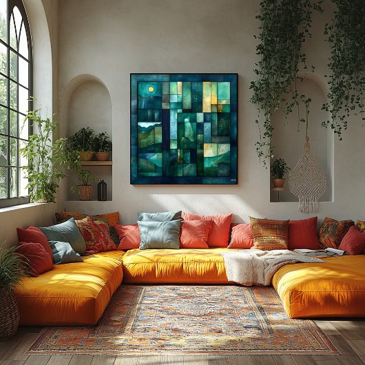 Geometrische maanverlichte landschapskunst - Blauw Perfect Poster