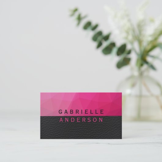 Geometrische magenta | Lux zwart leder Visitekaartje (Staand voorkant)