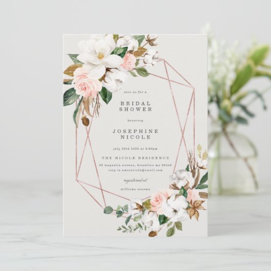 Geometrische Magnolia Bruidsfeest Uitnodiging (Staand voorkant)