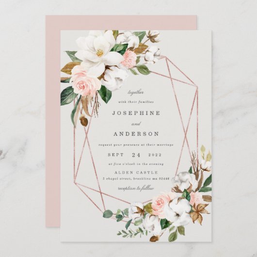 Geometrische Magnolia katoen bruiloft uitnodiging (Voorkant / Achterkant)