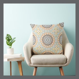 Geometrische Mandala in Oranje, Grijs, en Blauw Kussen