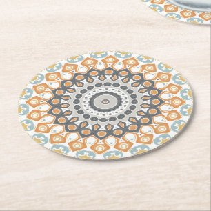 Geometrische Mandala in Oranje, Grijs, en Blauw Ronde Kartonnen Onderzetter