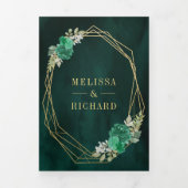 Geometrische maragdgroene Floral QR Code Weddensch Drieluik Uitnodiging (Cover)