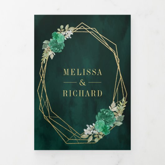 Geometrische maragdgroene Floral QR Code Weddensch Drieluik Uitnodiging (Cover)