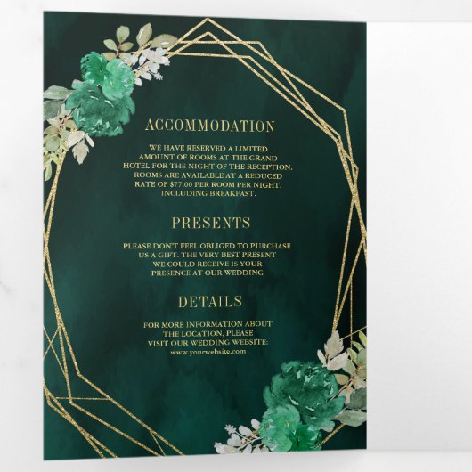 Geometrische maragdgroene Floral QR Code Weddensch Drieluik Uitnodiging (Binnenzijde eerst)