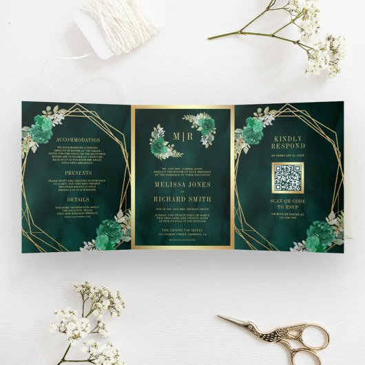 Geometrische maragdgroene Floral QR Code Weddensch Drieluik Uitnodiging